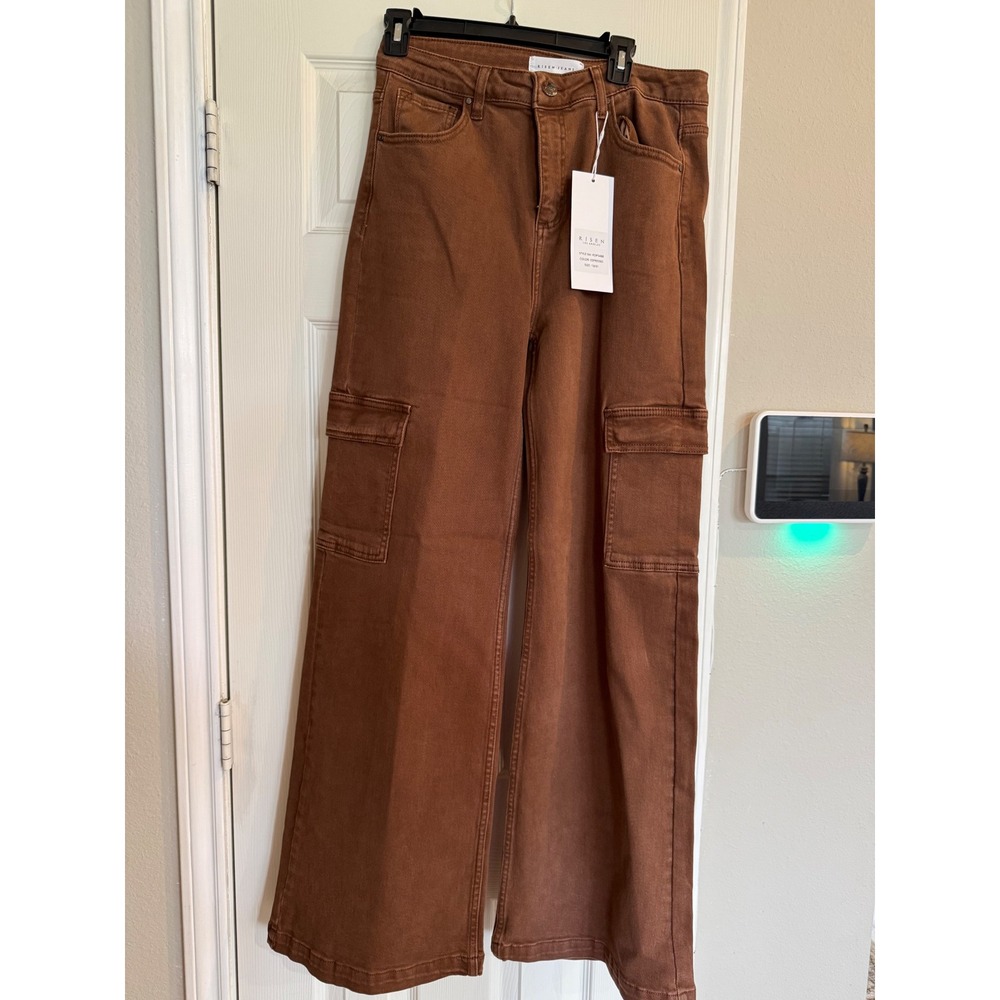 Risen Los Angeles Espresso Brown Wide Leg Cargo Jeans RDP5488 NWT Size 13/31